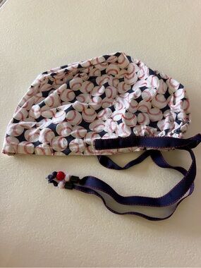 Kids Baseball Print Scrub Cap with Navy Ties